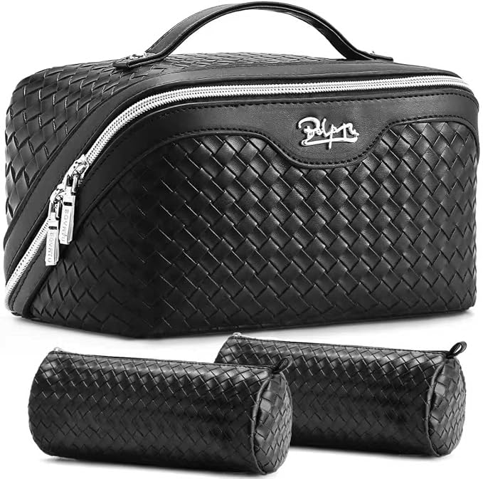 BOYATU Travel Makeup Bags for Women: 3 Pcs Large Make up Bags Set - Vegan Leather Cosmetic Bag for Traveling - Waterproof Toiletry Organizer (L05 Black) by BOYATU