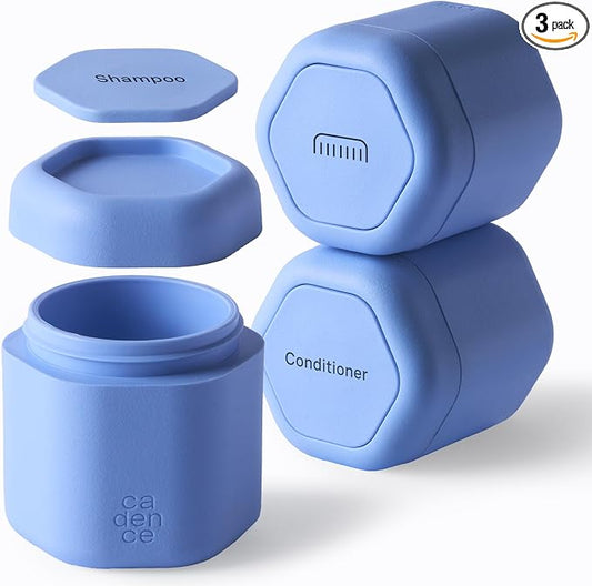Cadence Travel Containers Haircare Capsule Set - Magnetic Containers with Lids,Carry On Travel Essentials For Women/Men - 3 Flex Mediums (1.32oz) - Shampoo, Conditioner & Comb Icon Labels - Pacific by KeepYourCadence