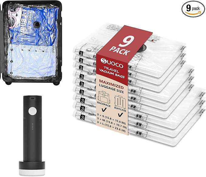Travel Vacuum Bags for Clothing with Rechargeable Electric Pump, Compression Packing Cubes Organizer Storage for Luggage Suitcase, Space Saver Seal Bags for Vacation Cruise, 9 Combo by SUOCO