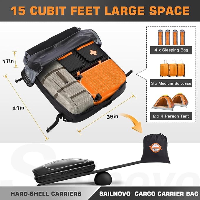 Sailnovo Rooftop Cargo Carrier Roof Bag,15 Cubic feet Soft Waterproof Car Roof Bag fit Cars with/Without Rack, 4 Tie-Down Straps, 4 Door Hooks, Foldable Car Top Carrier for Road Trip Camping Travel - Image 2