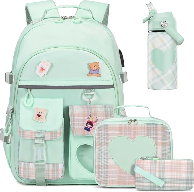 ACESAK Backpack for Girls with Insulated Water Bottle, Bookbag Backpack for Girls Kids, 14oz Kids Water Bottle Stainless Steel, Lunch Bag & Pencial Case, Back To School Gift (Green) by ACESAK