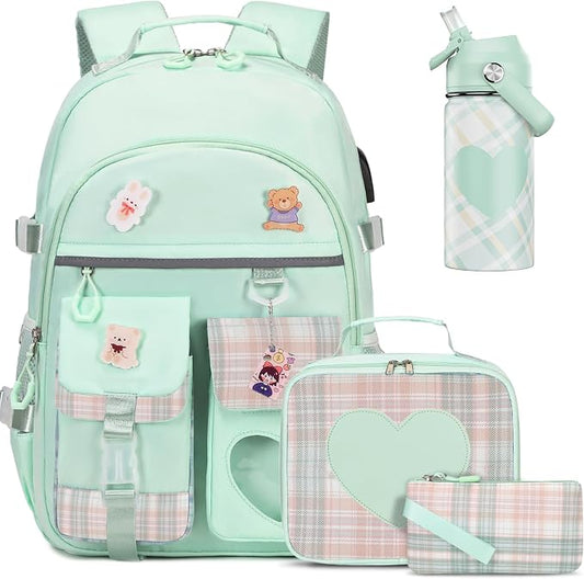 ACESAK Backpack for Girls with Insulated Water Bottle, Bookbag Backpack for Girls Kids, 14oz Kids Water Bottle Stainless Steel, Lunch Bag & Pencial Case, Back To School Gift (Green) by ACESAK
