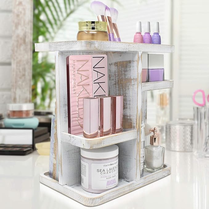 Sorbus 360° Makeup Organizer - Grey Rustic Wood Make Up Storage Carousel for Cosmetics, Skin Care Rotating Makeup Organizer for Vanity, Bathroom Storage - Image 8
