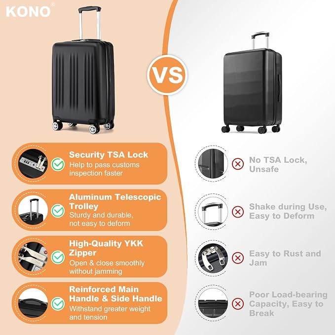 Kono Carry On Luggage 22x14x9 Airline Approved 20 Inch Expandable, Black | PC+ABS Hard Shell Suitcase, Lightweight Luggage with Quiet Spinner Wheels & TSA Lock, Suitable for 1-3 Days of Travel - Image 7