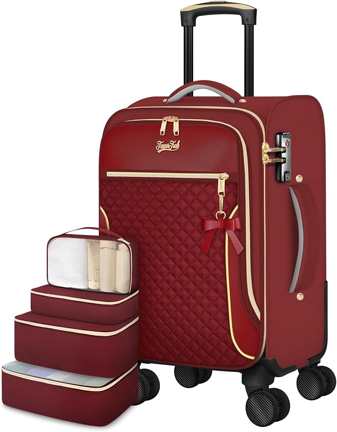 Carry On Luggage 22x14x9 Airline Approved, 20 Inch Softside Suitcase with 4 Pcs, Lightweight Luggage for Women with TSA Lock and 4 Spinner Wheels, Soft Side Carry-on Suitcases for Travel, Red by TagerTrek