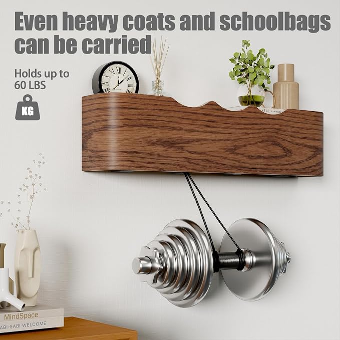 Coat Rack Wall Mount with Shelf 4 Hidden Hooks Modern Wooden Key Holder Entryway Organizer for Hallway Bedroom Bathroom Home Decor Storage for Hanging Coats Hats Bags Towels, Wave-Shape Walnut - Image 4
