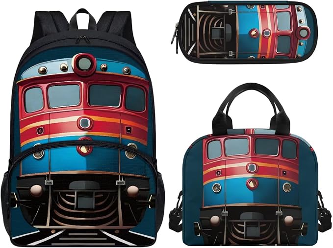 Kids Cartoon Train Backpack Set, Lightweight School Backpacks for Kids Elementary Bookbag for Students with Adjustable Strap, 3pcs with Lunch Box And Pencil Case by CndexdWearfunPrintjoy