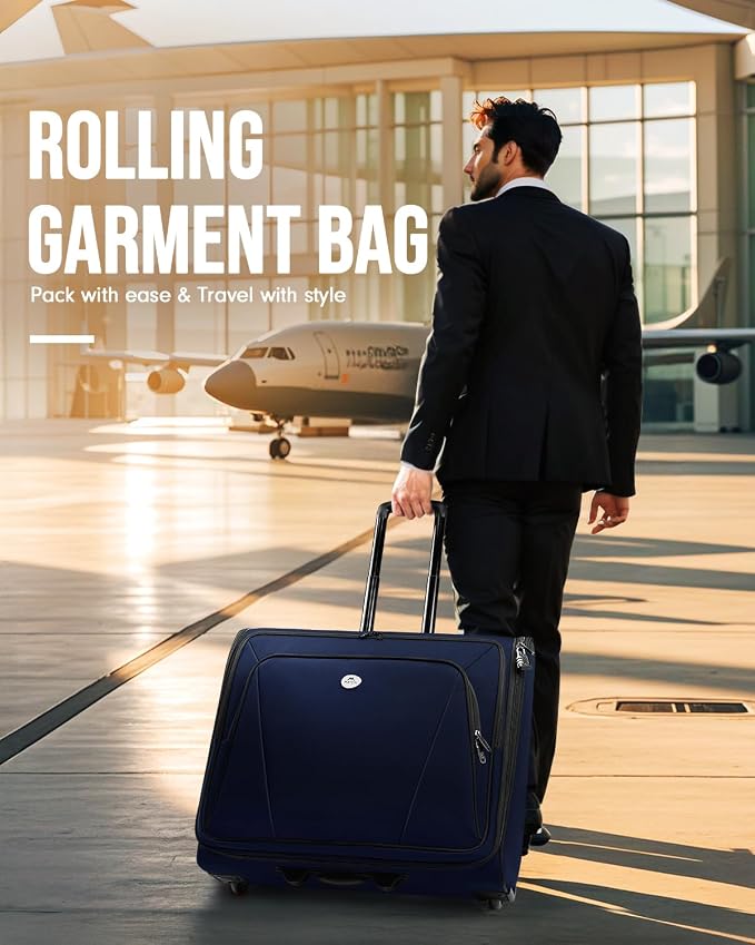 MATEIN Rolling Garment Bags for Travel, Large 2-Wheeled Suit Carrier, Blue | Foldable Travel Suit Bag with Wheels, 2 Packing Cubes, Check-in Suitcase Luggage, For Business Trips, Fits 17.3 Inch Laptop - Image 8