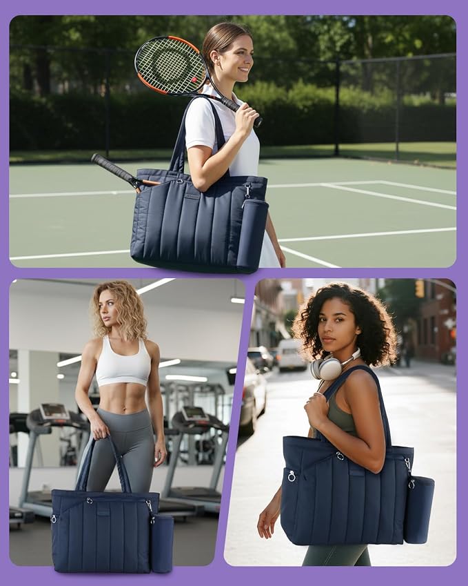 Quilted Tennis Tote Bag for Women Gym Duffle Bag with Shoe Compartment & Wet Pocket Fits 2-4 Rackets and 15.6" Laptop Overnight Weekend Sports Bag with Fence Hook(Large size) - Image 6