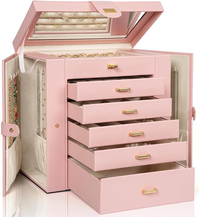 AKOZLIN 6-Tier Jewelry Box Organizer Functional 5 Drawers Leather Jewelry Storage Case for Women Girls Ring Necklace Earring Bracelet Holder Organizer with Mirror Extra Large Champagne Pink by AKOZLIN