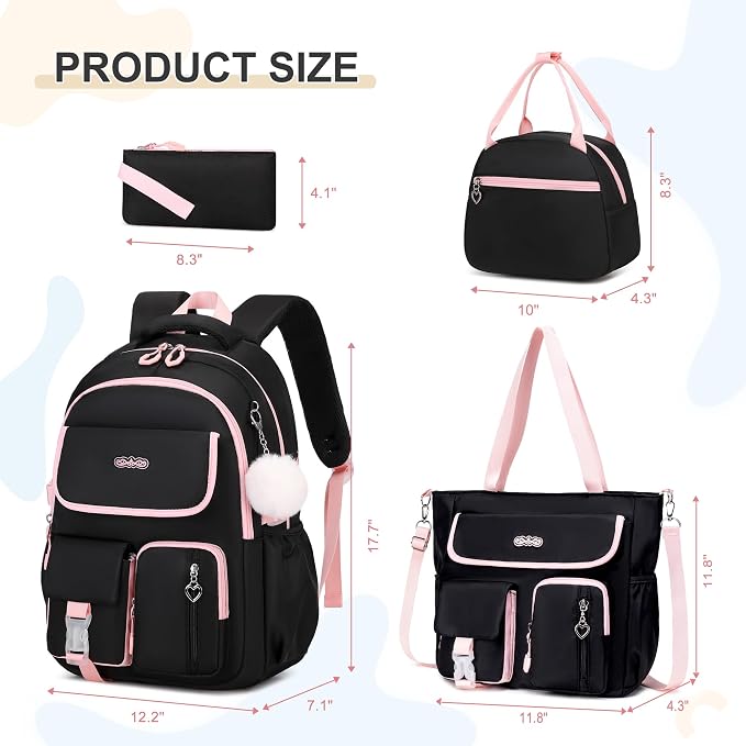 DIGOBAY Backpacks for Girls, 4PCS School Girls Backpack with Tote Bag Lunch Box Pencil Pouch for Teen Kids Elementary Primary Middle High College Travel School bag Bookbag Set, Black Pink - Image 2