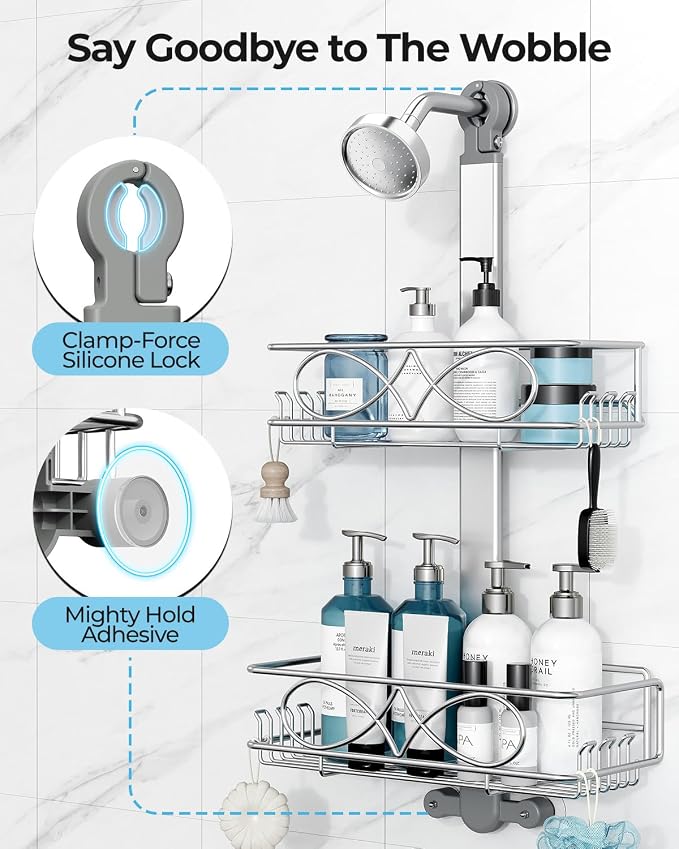 ODesign 2 Tier Aluminum Shower Caddy Rustproof Hanging Adjustable Silver | Shower organizer hanging,no drilling required,comes with removable hook and storage box, suitable for indoor showers - Image 4