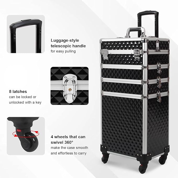 4 in 1 Professional Makeup Train Cases Large Storage Cosmetic Case 4 Wheels Lockable Rolling Makeup Trolley Diamond Surface (BLACK) - Image 5