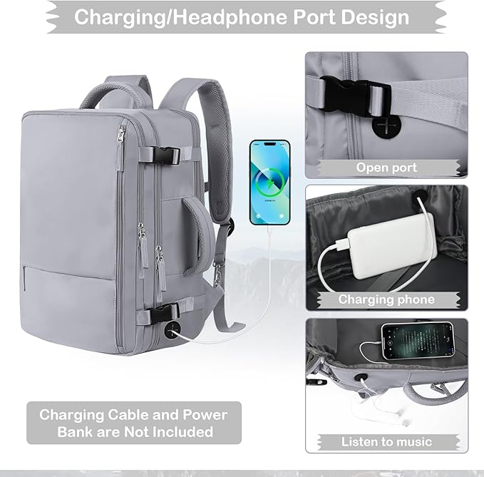 Hanples Travel Backpack for Women, 17 Inch Waterproof Laptop Backpack | 35L Carry on Backpack, TSA Flight Approved Anti Theft Travel Bag, Casual Daypack with 2 Toiletry Bags for Trips, Gray - Image 6