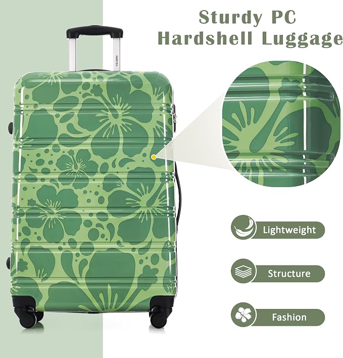 Merax Suitcase Set, Hardshell Luggage Sets 3 Piece with Spinner Wheels | Durable Printing Suitcase with TSA Lock Lightweight 20" 24" 28",Green - Image 2