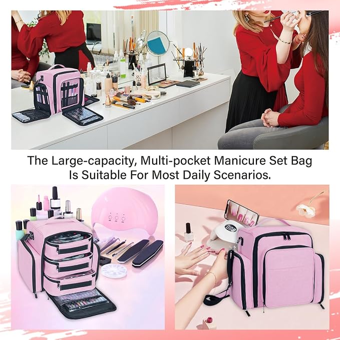Nail Polish Organizer Case Hold 90 Bottles with 3 Detachable Bag,Pink | Portable Travel Storage Box Designed for Women's Nail Tools, Essential Oils and Cosmetics Sets - Image 7