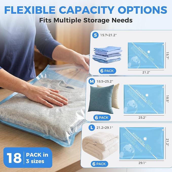 18 Pack Vacuum Bags for Travel with Rechargeable Cordless Electric Pump, Portable Space Saver Bags for Travel & Home, Vacuum Compression Packing Seal for Clothes, Blankets, Seasonal Storage - Image 3