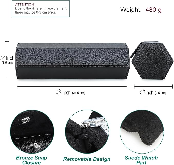 Hiram Genuine Leather Saffiano Leather Watch Roll Travel Case, Leather 4-Watches Roll Case for Treasured Watches and Bracelets(Black) - Image 2