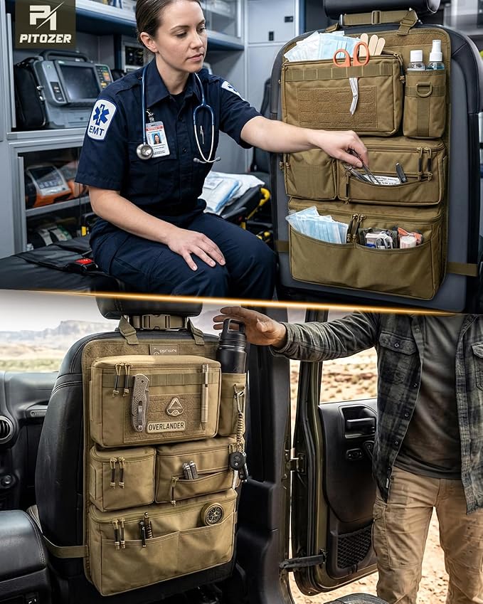 All in One Car Seat Back Organizer Fit Most Cars SUV Trucks Jeeps | Heavy Duty Molle Panel Seat Back Protector with Multi-Pockets Storage, for Tools, Toys, Camping, Travel, Daily Commuting - Image 7