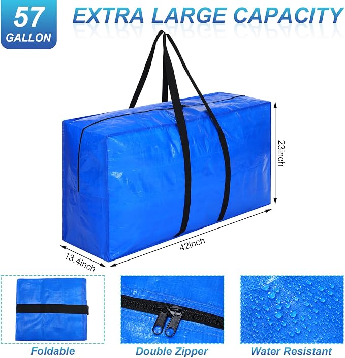 Windyun 4 Pack 57 Gallon Extra Large Moving Bags XXL Heavy Duty Storage Bag with Strong Zipper Handle Jumbo Big Tote Box Foldable for College Dorm Travel Clothes Duffle Blanket Pillow(Blue) - Image 3