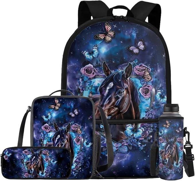 Galaxy Horse Backpack for Girls Kids Backpack with Lunch Box Water Bottle Holder and Soft Pencil Case 4PCS Set Bookbag with Front Pocket for School Teens 17" Sturdy School Bag with Side Pocket by ELEDIZI