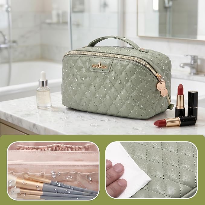 Travel Makeup Bags Cosmetic Organizer: 3Pcs Set Puffy Make up Bag for Women | Green Premium Quilted ELEGANCE Design | Large Capacity Leather Toiletry Bags | Wide Open Compact Case for Travel Essentials - Image 2