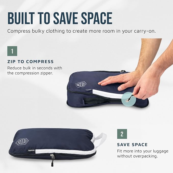 Compression Packing Cubes for Travel, 6-Piece Lightweight Packing Cubes Set for Carry-On Luggage & Backpacks – TRIPPED Travel Gear (Navy Blue and White) - Image 4