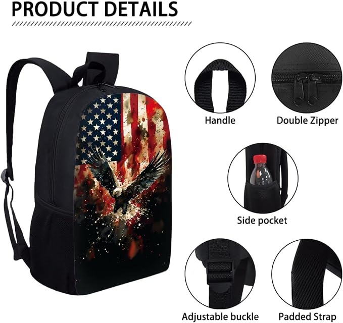 Vintage American Flag Eagle Print Backpack Set Kids Bookbag Primary School Large Daypack with Lunch Bag and Pencil Bag, Elementary Students July 4th Knapsack for Teens Girls - Image 4