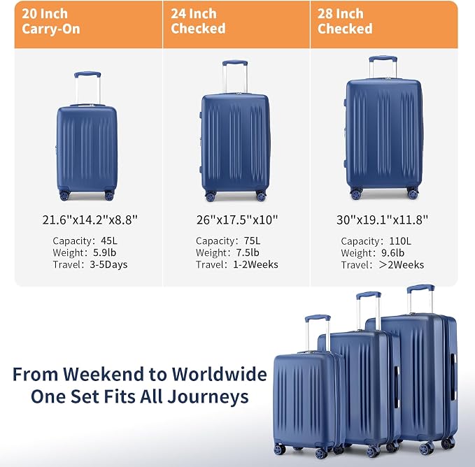 Kono Expandable Luggage 3 Piece Set Hardshell Lightweight 20in 24in 28in Carry On Suitcase with Spinner Wheels TSA Lock(Navy) - Image 6