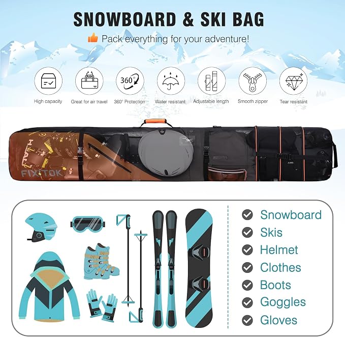 FIXITOK Snowboard & Ski Bag for Air Travel, Waterproof Full Padded Snowboard Bag Fit Board, Boots, Clothes, Helmet and Gear, Adjustable Length Ski Bag(157CM-181CM) - Image 2