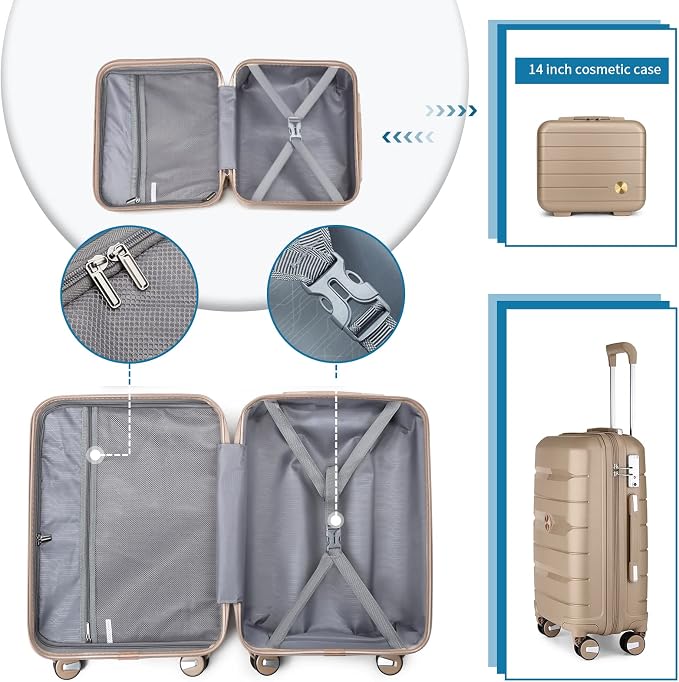 Somago 20" Carry On Luggage and 14" Mini Cosmetic Cases Travel Set Spinner Lightweight Polypropylene Suitcase with TSA Lock YKK Zipper Hardside Luggage Sets 2 Piece (Noble Golden, 2-Piece Set (14/20)) - Image 4