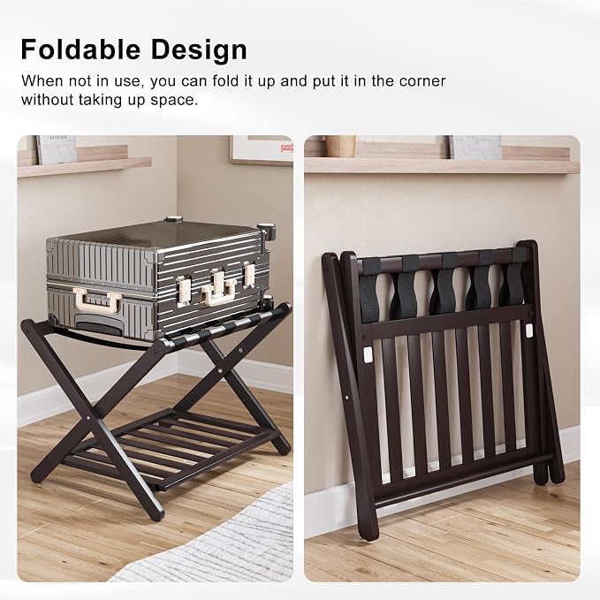 Smuxee Fully Assembled Brown Luggage Racks Pack of 2, Upgraded Bamboo Foldable Suitcase Stand with 5 Nylon Straps, Luggage Holder with Shelf for Guest Room Bedroom Hotel - Image 2