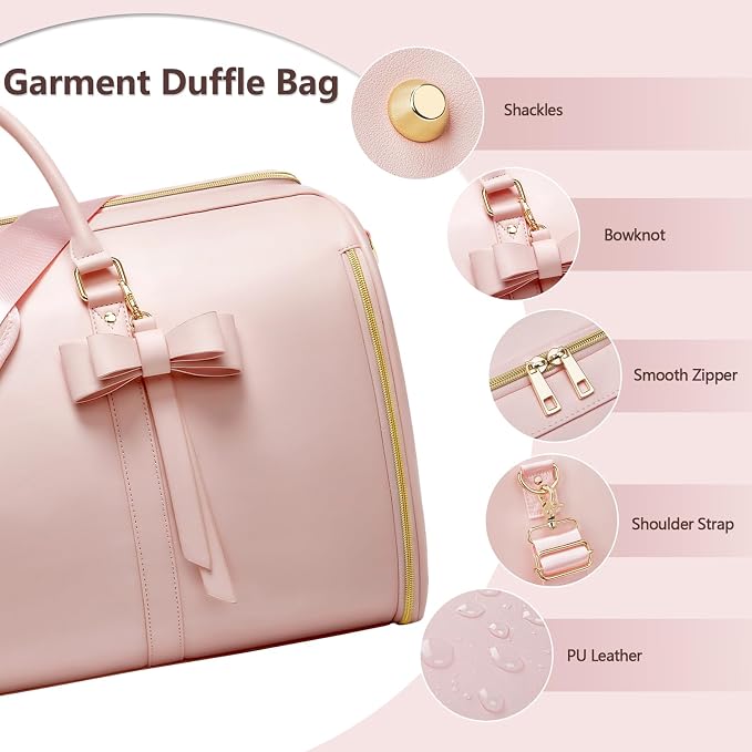 Garment Bags for Travel, Convertible Suit Travel Bag for Women, Fashion & Cute Carry On Garment Bag w/Shoes Pouch, 2 in 1 Foldable PU Leather Hanging Duffle Bag, Single-Zipper Design, Pink - Image 5