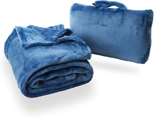 Cabeau Fold ‘N Go Travel Blanket Doubles as Neck Support Pillow, Versatile Lumbar Support Cushion, with Compact Travel Case - French Microfiber (Blue) by Cabeau