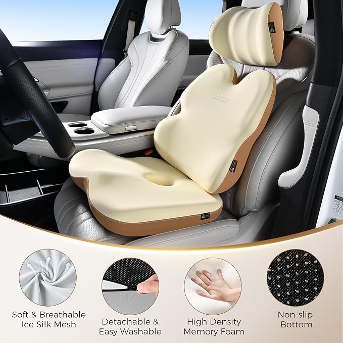Coverado Truck Seat Cushion and Lumbar Support Headrest Pillow Memory Foam Ergonomic Car Cushion Back Neck Support Pillow Sciatica & Back & Tailbone Pain Relief Car Cushions for Driving Coffee&Beige - Image 7