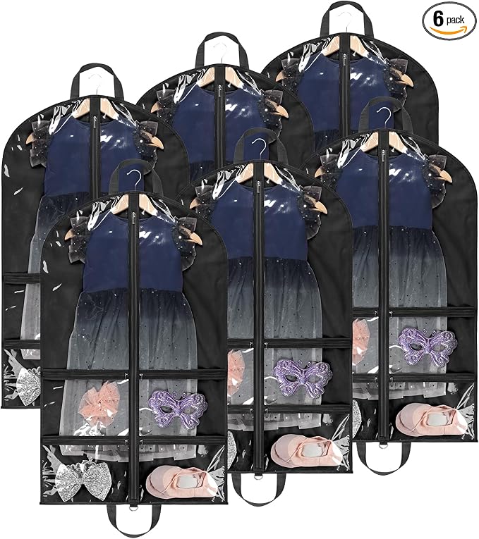 LOVEGRASS Kids Garment Bags for Dance Costumes, 40" Dance Garment Bags for Dancers with 4 Clear Zipper Pockets, Foldable Dance Competition Garment Bags for Hanging Clothes, 6 Pack, Black by LOVEGRASS