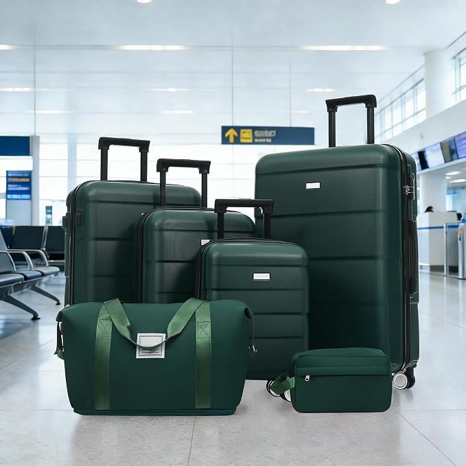 Dark Green 6 Piece Luggage Set Hard Shell - Traveling Suitcases with Spinner Wheels and Duffel Bags for Family Travel, Durable Carry On Luggage Sets with Lock for Women and Men - Image 8