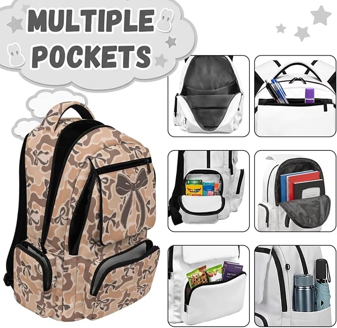 Camo Brown Bow 4 Piece School Bag Set for Kids, 17 Inch Lightweight Backpack with Lunch Bag, Pencil Case and Water Bottle Holder, Durable Multi-Pocket Bookbag - Image 3