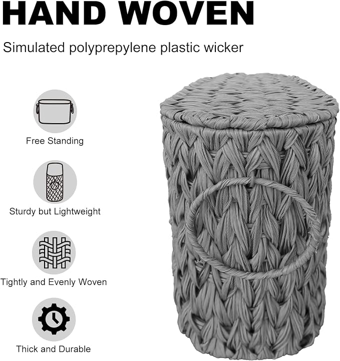 Coeusy Toilet Paper Storage Basket with Lid,Wicker Toilet Paper Holder Stand,Narrow Decorative Woven Bathroom Basket Organizer,Free Standing Grey - Image 5