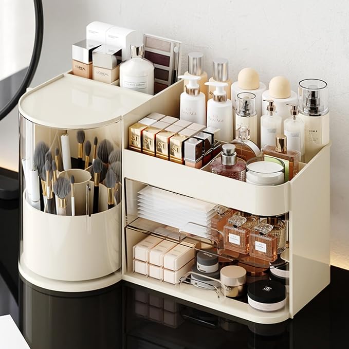 Makeup Organizer with Rotating Brush Holder Cosmetic Organizer with Drawers Countertop Skincare Organizer for Vanity,Cosmetic Display Case Storage (Cream, Large) - Image 2