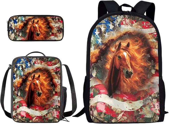 American Flag Horse Print Lightweight Backpack Set with Shoulder Lunch Bag Independence Day, Pen Bag, Camo Forest Print School Students Daypack, Middle School Students Knapsack Set for Kids by PCSJRKG