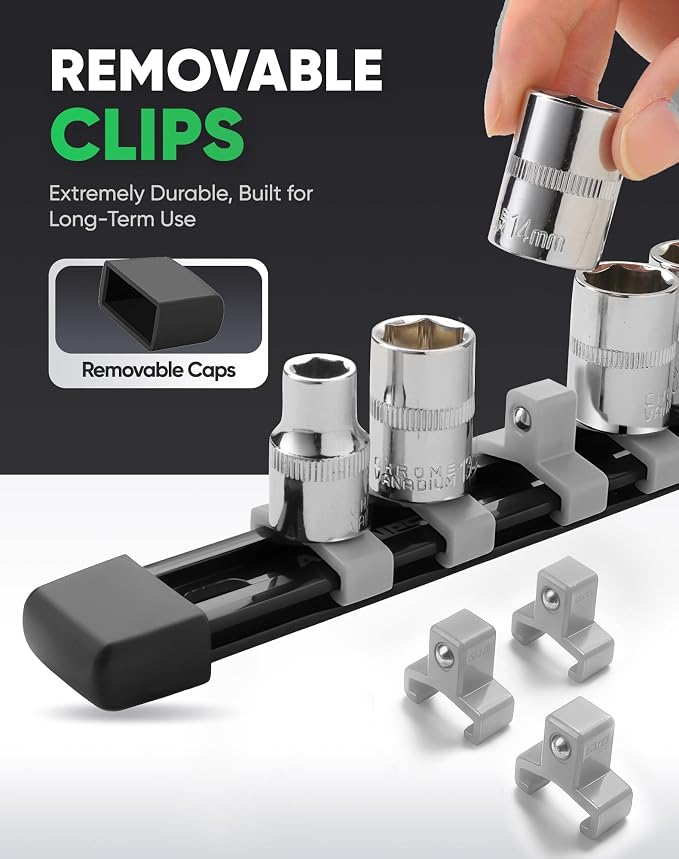ALOANES 9PC Socket Organizer, Socket Rails Fit 1/2", 1/4" and 3/8" Drive | Heavy Duty ABS Socket Holders Hold up 129 Sockets for Toolbox Drawer Bags(Grey) - Image 4