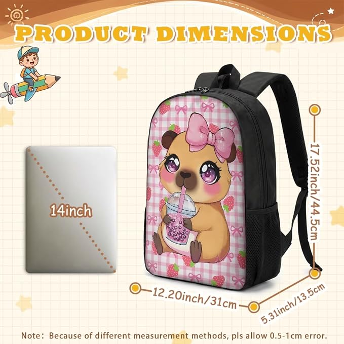 Cute Capybara Backpack for School Girls 2nd Grade : 17in Strawberry Bookbag with Lunch Box Set - 4 in 1 Elementary Student Book Bag for Kids 6-8-10 - Image 4