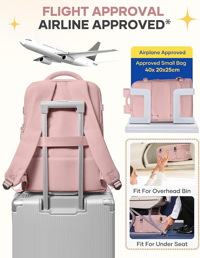 coofay Personal Item Travel Backpack for Women Airline Approved Carry on Backpack Flight Approved Waterproof Sports Luggage Backpack Casual Daypack Small Hiking Backpack Pink Backpack - Image 7