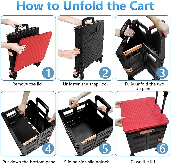 FELICON SELORSS Foldable Utility Cart Folding Portable Rolling Crate-Red | Heavy Duty,Telescoping Handle,4 Rotate Wheels,Collapsible Handcart for Travel Shop Move Luggage Laundry Teacher Office Use - Image 4