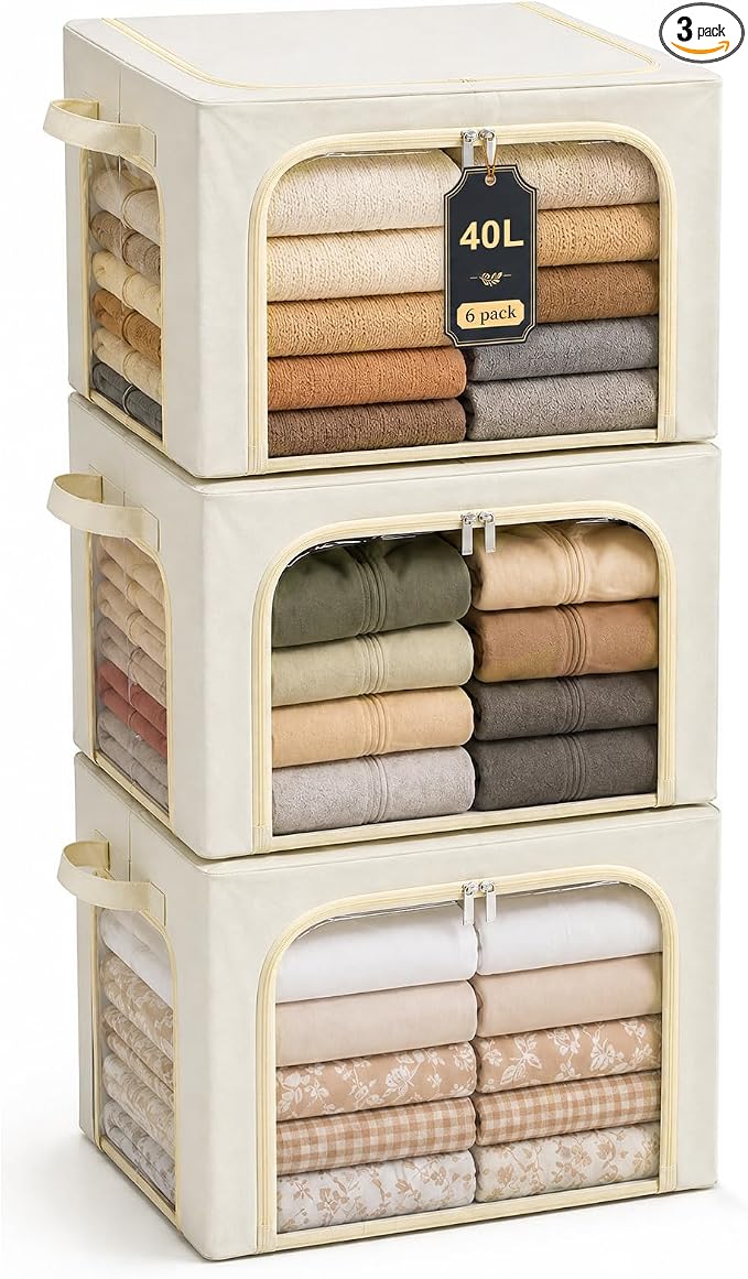 GoMaihe 3 Opening Clothes Storage Bins with Metal Frame, 40L Sweater Storage Organizer for Upper Shelf Closet Storage Boxes with Clear Window for Hoodies Jeans Towel 3-Pack Beige by GoMaihe