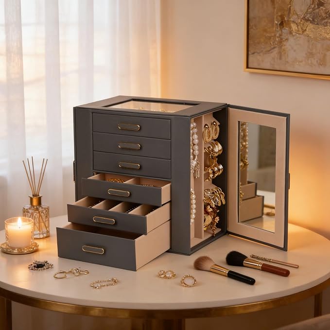 BOOVO Clear Lid Jewelry Box,6 Layers Jewelry Organizer Large Jewelry Storage Box with 6 Drawers,Jewelry Holder Organzier of Rings Earrings Necklace Bracelets for Women (Grey, 6 Layer) - Image 6