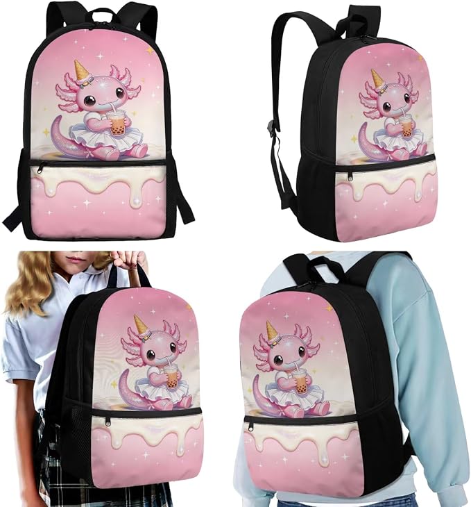 Axolotl Back to School Backpack Set for Girls, 17'' 4-Piece Cute Bookbag with Insulated Lunch Bag, Ice Cream Boba Tea Pencil Case, Lightweight School Bag for Kids Age 6-12 - Image 2