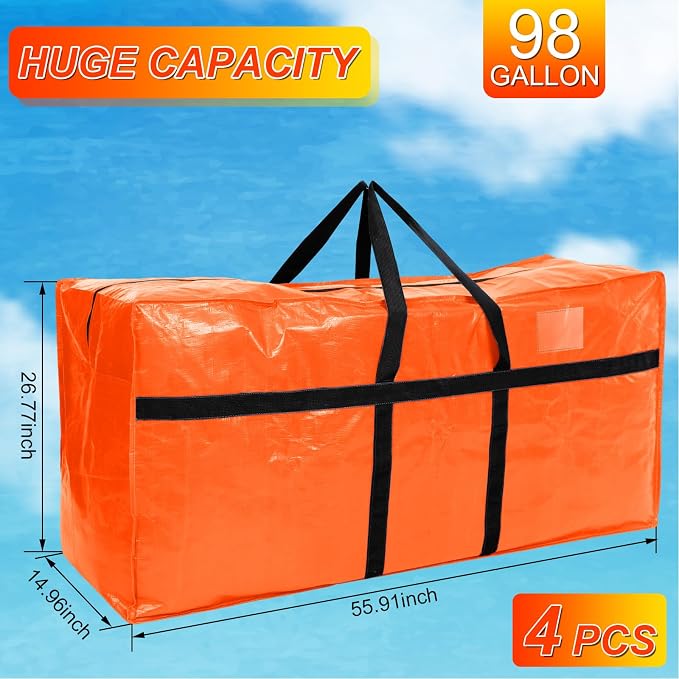 Windyun 4 Pack 98 Gallon Extra Large Moving Bags XXL Heavy Duty Storage Bag with Strong Zipper Handle Jumbo Big Tote Box Foldable for College Dorm Travel Clothes Duffle Blanket Pillow(Orange) - Image 3