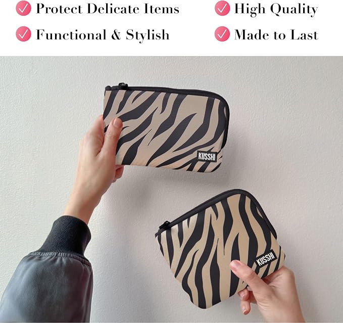 KUSSHI 2pc Neoprene On-The-Go Pouch Set - Passport Holder and Travel Zipper Makeup Pouch for Purse - Small Purse Pouch for Organization, Electronics, Glasses & Valuables (Zebra) - Image 4